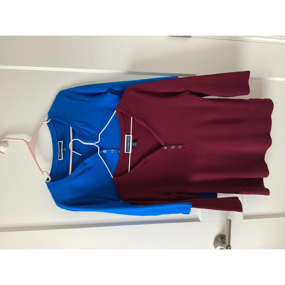 Karen Scott Women’s Henley Tops PS Burgundy & Blue 3/4 Sleeve Cotton Bundle of 2
